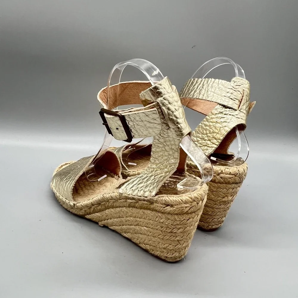 J Crew Sandals Womens 7 Gold Leather Espadrille Ankle Strap High Wedge Shoes